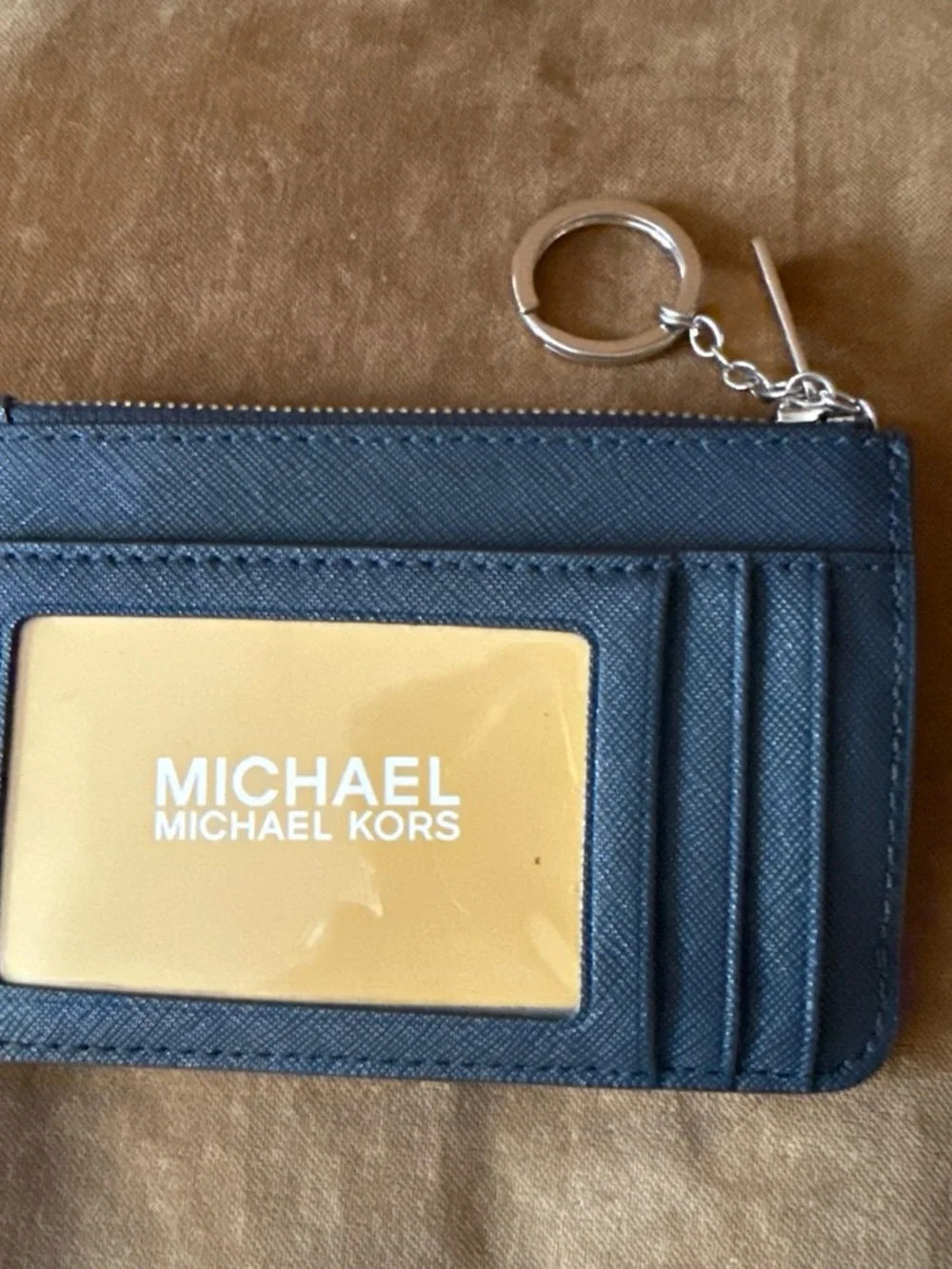 MICHAEL KORS women’s Navy Leather Zip Card Case Key Holder with Gold Logo